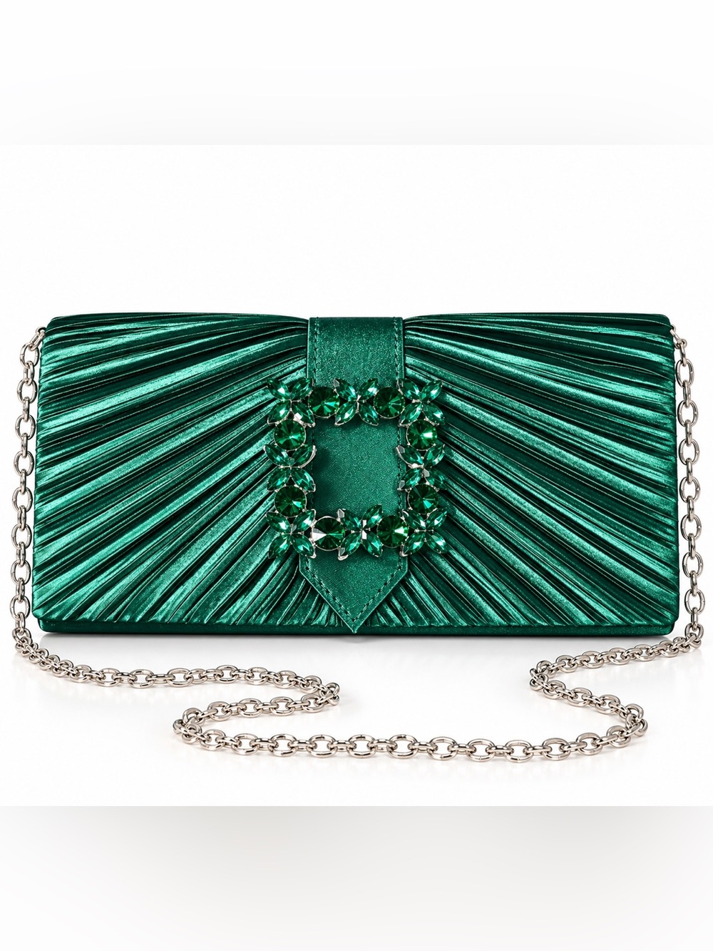 Petal + Pup Emerald Green Satin Evening Clutch Rhinestone Chain Strap Purse NWT